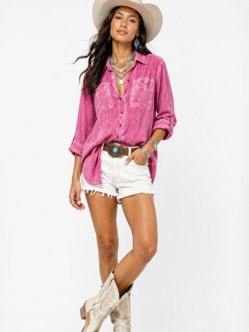 TRU Luxe Jeans Pink Button Down Shirt Medium Acid Wash Boho Western Top